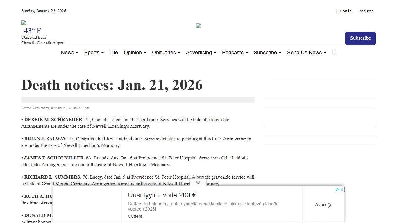 Death notices: Jan. 21, 2026 The Daily Chronicle