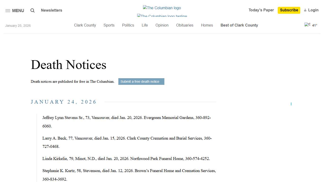 Death Notices - The Columbian